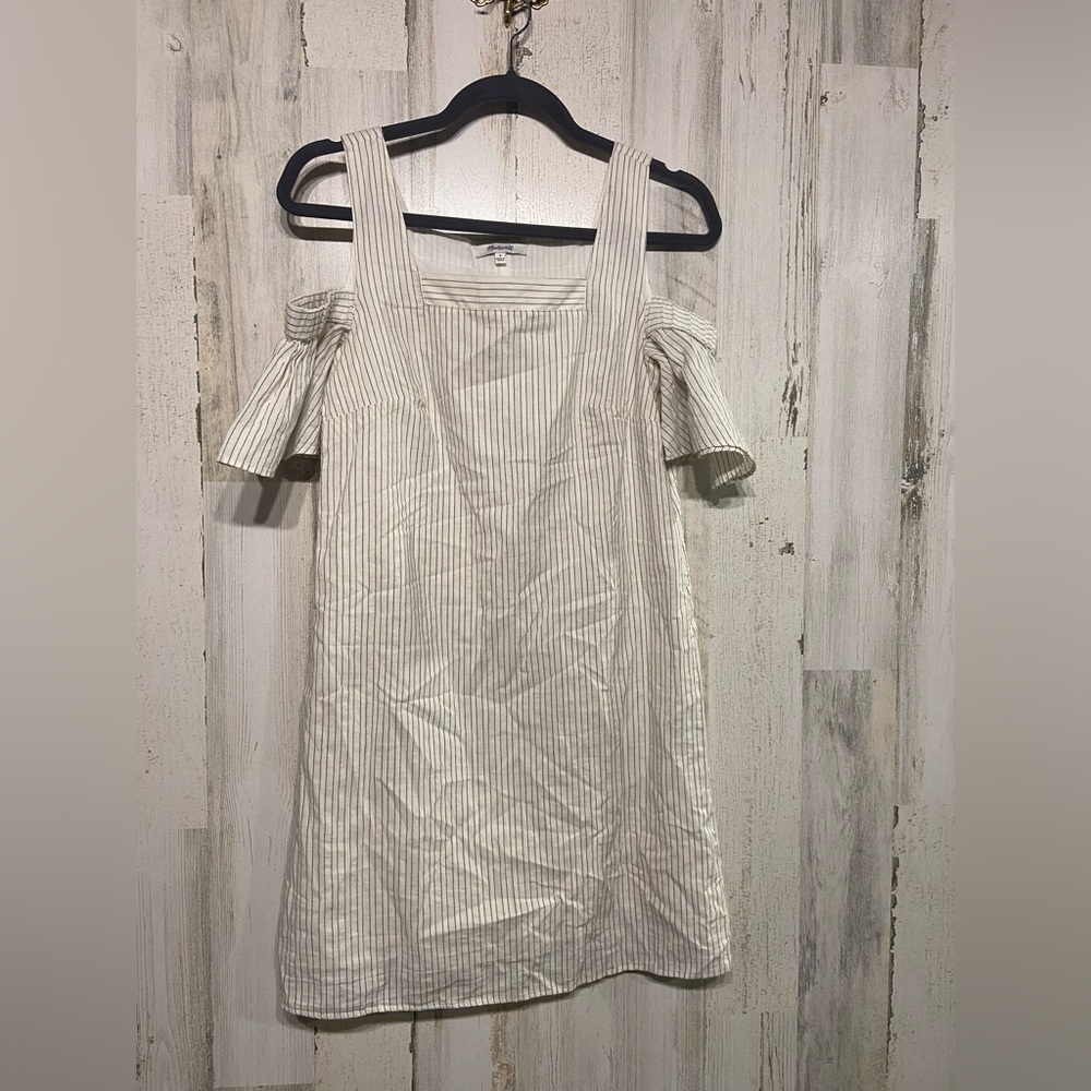 Madewell White Grey Striped Cold Shoulder Square Neck Shift Mini Dress 0 - Picture 2 of 11